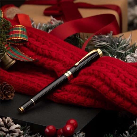 Ballpoint Pens, Stunning Black Chrome Metal Pen with Golden Trim - Picture 5 of 7